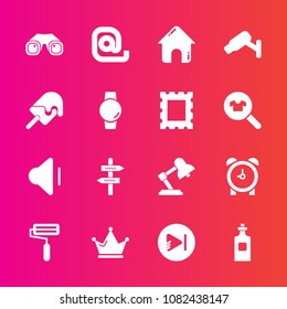 Premium set with fill vector icons. Such as building, binocular, surveillance, communication, envelope, queen, up, sign, arrow, alarm, direction, camera, house, way, audio, time, play, security, clock