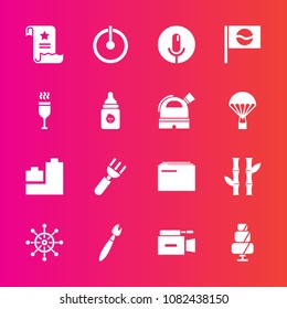 Premium set with fill vector icons. Such as knife, information, film, business, ship, document, doughnut, microphone, record, television, camera, dinner, plant, office, play, toy, file, brush, ball