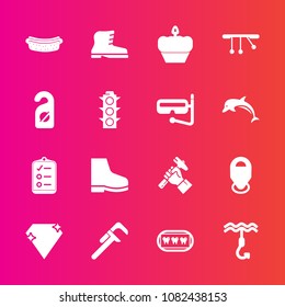 Premium set with fill vector icons. Such as doughnut, diamond, check, fashion, leather, style, hook, footwear, industry, motel, health, dessert, healthy, meat, tool, industrial, sausage, sign, repair