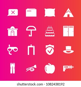 Premium set with fill vector icons. Such as building, fruit, outdoor, apple, hat, chat, tent, clothing, mask, bed, white, information, healthy, war, machine, estate, fresh, real, document, music, food