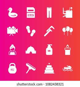 Premium set with fill vector icons. Such as clothing, love, camp, wax, flame, fire, sweet, cake, pie, heavy, data, nature, bottle, sky, ocean, travel, paint, outdoor, document, brush, sea, save, bride