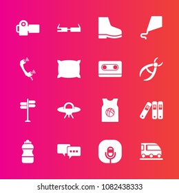 Premium set with fill vector icons. Such as basketball, camera, smart, modern, van, radio, space, water, summer, music, file, drink, sport, photographer, sky, speech, train, photo, office, microphone