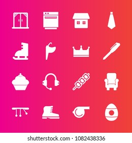 Premium set with fill vector icons. Such as armchair, meat, referee, style, speaker, equipment, tie, water, food, tap, fashion, dessert, sound, oven, winter, sport, window, music, leather, whistle