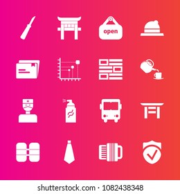 Premium set with fill vector icons. Such as transportation, japanese, oxygen, file, shrine, store, kitchen, newspaper, grunge, security, fashion, medical, cylinder, knife, torii, graffiti, sign, hat