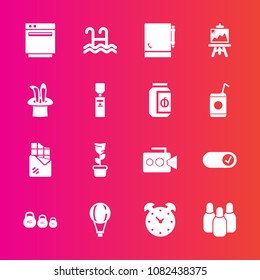 Premium set with fill vector icons. Such as watch, extreme, notebook, appliance, camera, room, sign, drawing, notepad, handle, cone, video, dessert, stove, parachute, , kitchen, ball, hour, jump, pot