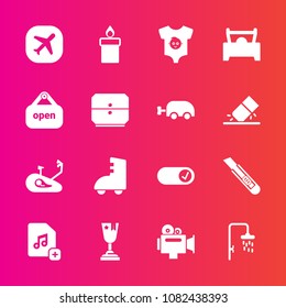 Premium set with fill vector icons. Such as bicycle, file, first, sport, roller, equipment, add, clothes, vehicle, sign, car, baby, child, decoration, airplane, shower, candle, handle, open, drawer, 