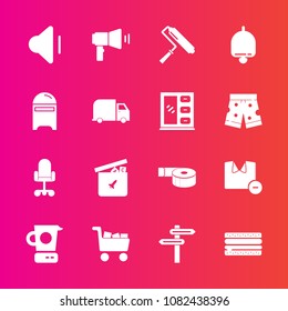 Premium set with fill vector icons. Such as chair, volume, paint, direction, play, snack, toy, sandwich, mixer, male, roller, brush, kitchen, ball, ring, tool, sound, office, adhesive, cooking, tape