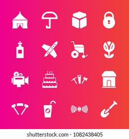 Premium set with fill vector icons. Such as jump, weather, cake, elegance, food, cube, parachute, glass, umbrella, juice, healthy, fruit, equipment, repair, tool, fresh, video, lock, beverage, tent