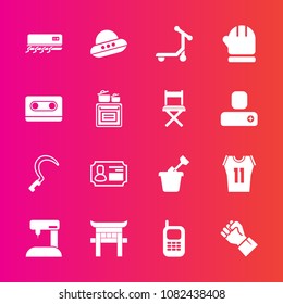 Premium set with fill vector icons. Such as shrine, concept, sewing, mobile, garden, finger, hand, fashion, summer, equipment, japan, telephone, sandbox, play, card, sport, conditioning, agriculture