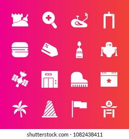 Premium set with fill vector icons. Such as music, drum, modern, musical, traffic, satellite, sand, lift, cheeseburger, summer, celebration, snack, flag, japan, bike, leaf, piano, event, fitness, scan