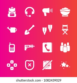 Premium set with fill vector icons. Such as bowling, sport, cone, space, headphone, coffee, weapon, chef, mobile, megaphone, loudspeaker, music, safety, ball, school, play, telephone, audio, bag, sign