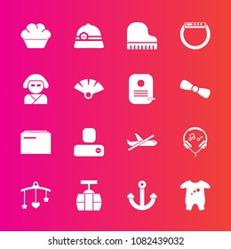 Premium set with fill vector icons. Such as mobile, paper, airplane, kid, sound, transportation, clothing, flight, plane, contact, sky, cake, toy, person, travel, piano, modern, gadget, doughnut, baby