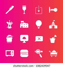 Premium set with fill vector icons. Such as restaurant, cloud, architecture, office, snack, alcohol, sandbox, sign, dish, pen, parachute, download, microwave, summer, chat, closed, service, food, door