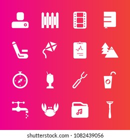 Premium set with fill vector icons. Such as knife, juice, alcohol, book, movie, restaurant, file, contact, faucet, drink, water, tap, sink, person, sea, human, razor, north, video, entertainment, food