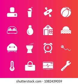 Premium set with fill vector icons. Such as water, fun, sky, tool, hour, beverage, kite, cup, monster, temperature, space, health, time, summer, river, musical, drink, fiction, football, bag, spanner