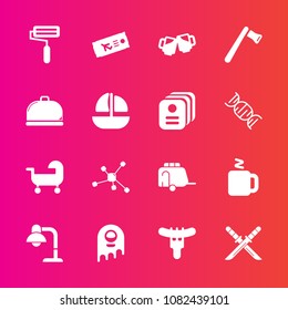 Premium set with fill vector icons. Such as sword, transport, vehicle, home, paint, hotdog, meat, bar, weapon, molecule, beer, sausage, interior, pub, baby, alien, atom, fiction, lamp, plane, airplane