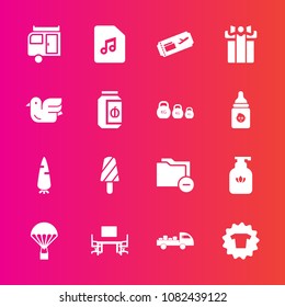 Premium set with fill vector icons. Such as jump, hygiene, summer, music, note, liquid, dessert, clothes, fashion, table, clothing, delivery, journey, fresh, soap, parachuting, truck, raw, flight, ice