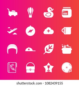 Premium set with fill vector icons. Such as jar, air, helmet, belt, transport, play, headwear, clothing, food, grass, achievement, phone, natural, sound, cook, garden, leaf, book, duck, first, kitchen