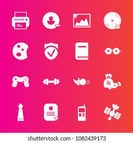 Premium set with fill vector icons. Such as fitness, cd, sign, telephone, disk, account, equipment, ball, phone, lollipop, sport, remove, piece, technology, vintage, pin, disc, game, print, frame, fun