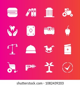 Premium set with fill vector icons. Such as medicine, architecture, weapon, leaf, war, balance, folder, check, summer, field, office, medical, cheeseburger, wheelchair, healthy, science, snack, judge