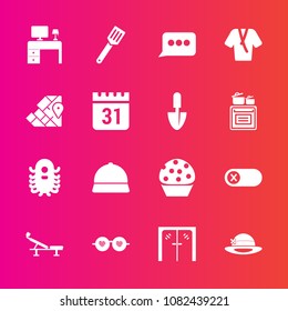 Premium set with fill vector icons. Such as seat, map, sweet, monster, sign, deactivate, desk, business, geography, cake, world, hippie, atlas, pan, doughnut, office, door, message, bathrobe, cooking