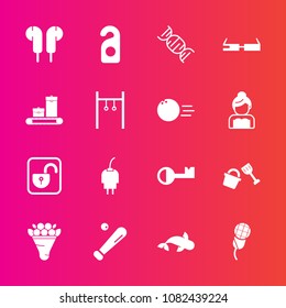 Premium set with fill vector icons. Such as cable, bowling, protection, flower, equipment, baseball, bag, privacy, key, karaoke, sound, security, bucket, motel, league, dna, seafood, luggage, floral