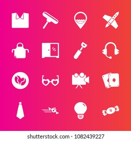 Premium set with fill vector icons. Such as shirt, rocket, work, light, fashion, sunglasses, job, coffee, paint, airplane, cook, spaceship, projector, idea, departure, video, travel, glasses, hippie