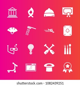 Premium set with fill vector icons. Such as canoe, scooter, place, winner, money, knife, hot, spoon, water, award, extreme, business, transport, parachute, music, online, first, parachuting, sky, mask
