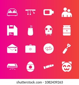Premium set with fill vector icons. Such as ufo, air, medical, diskette, pendulum, computer, bedroom, health, emergency, communication, man, conditioning, mail, bed, kitchen, animal, kitty, replace
