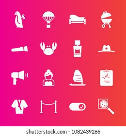 Premium set with fill vector icons. Such as cardiology, fence, groom, surf, find, search, baby, room, jump, bathrobe, interior, grill, wind, sport, toy, penguin, megaphone, parachute, , light, wedding