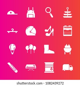Premium set with fill vector icons. Such as chef, plate, extreme, apron, cutter, zoom, helmet, window, celebration, uniform, glass, cap, delivery, conditioner, cloakroom, dinner, meat, grill, home