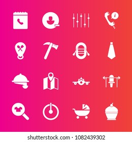 Premium set with fill vector icons. Such as location, avatar, baby, headset, food, stroller, switch, flight, departure, account, service, clothing, waitress, pin, user, female, pie, book, clothes, kid