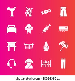 Premium set with fill vector icons. Such as woman, parasol, power, asian, store, weather, market, martini, shrine, travel, speaker, fresh, umbrella, rain, alcohol, wind, electricity, japanese, female