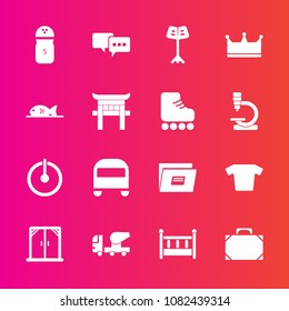 Premium set with fill vector icons. Such as king, bubble, clothes, talk, cradle, object, music, bed, spice, food, file, fashion, modern, orchestra, sign, equipment, leather, speech, child, clothing