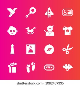 Premium set with fill vector icons. Such as rocket, dentist, tool, white, strategy, toy, map, child, cut, compass, king, fan, baby, business, paper, infant, japanese, rattle, holiday, origami, present