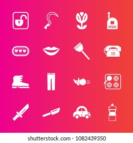 Premium set with fill vector icons. Such as leather, sickle, transport, lock, restaurant, garden, sport, equipment, flower, agriculture, cleaner, protection, style, cook, blossom, security, tool, gas