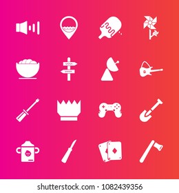 Premium set with fill vector icons. Such as luxury, cream, blossom, screwdriver, equipment, joystick, poker, crown, sweet, floral, work, dish, spring, hammer, dessert, axe, bowl, direction, food, game