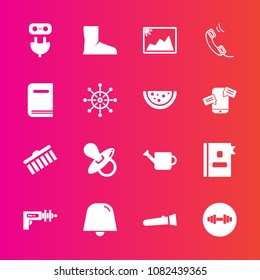 Premium set with fill vector icons. Such as plant, telephone, directory, science, lamp, fitness, pacifier, baby, stroke, gym, can, electricity, torch, kid, communication, picture, phone, flashlight