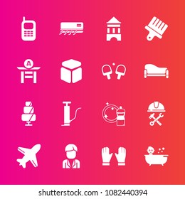 Premium set with fill vector icons. Such as dessert, helmet, pump, telephone, conditioner, plane, airplane, taiko, sweet, boy, male, japanese, phone, child, foreman, white, equipment, broom, mobile
