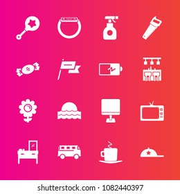Premium set with fill vector icons. Such as cap, drink, furniture, computer, interior, infant, coffee, gadget, television, fashion, sprayer, cabinet, nature, toy, hat, watch, cup, road, baby, child