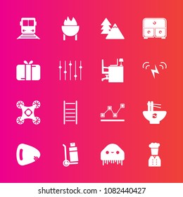 Premium set with fill vector icons. Such as music, camera, food, forest, control, ufo, space, present, celebration, shipping, stats, travel, holiday, alien, chief, guitar, transportation, monster, box