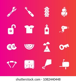 Premium set with fill vector icons. Such as protection, safety, dessert, mail, extreme, green, shirt, traffic, mailbox, drawer, tool, blue, clean, cake, hygiene, light, parachute, equipment, mountain