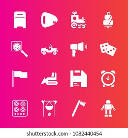Premium set with fill vector icons. Such as alarm, time, hot, machinery, kitchen, flame, bed, spanner, wrench, locomotive, sign, music, technology, train, guitar, bedroom, hammer, bulldozer, transport