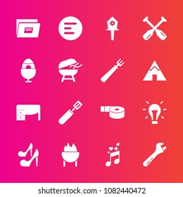 Premium set with fill vector icons. Such as idea, pan, desk, mobile, meat, beauty, button, girl, female, paper, note, food, document, house, electricity, music, app, work, sign, bird, tape, office