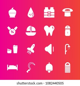 Premium set with fill vector icons. Such as water, hygiene, sugar, pie, sickle, dessert, furniture, safety, protective, alarm, hat, garden, cheese, cup, grater, call, cafe, audio, gardening, bed, bell