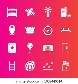 Premium set with fill vector icons. Such as hotel, graph, plate, chocolate, sweet, bar, crown, station, book, dessert, poker, brochure, fire, orbit, warm, map, paper, stats, play, , location, data