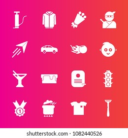 Premium set with fill vector icons. Such as pump, pie, floral, sweet, juice, meal, shirt, beautiful, japan, traffic, plane, light, samurai, dinner, dish, jacket, food, lamp, bouquet, winner, ninja