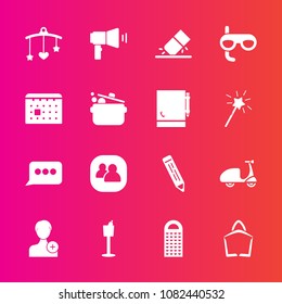 Premium set with fill vector icons. Such as holder, group, erase, member, bed, white, eraser, people, bicycle, chat, grater, toy, social, cooking, pencil, , megaphone, bottle, sale, pen, communication