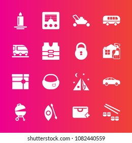 Premium set with fill vector icons. Such as highway, seafood, box, adventure, direction, fish, flame, present, wireless, antenna, school, backpack, salmon, decoration, barbecue, camp, outdoor, river