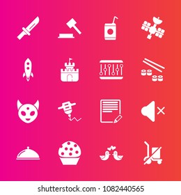 Premium set with fill vector icons. Such as glass, pigeon, shopping, love, ufo, dove, beverage, bird, fork, doughnut, edit, scale, drink, alien, shipping, send, knife, work, space, fiction, equipment